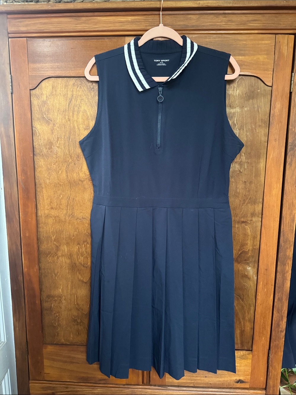 Tory Sport Navy Sleeveless Zip Polo Dress with Striped Collar